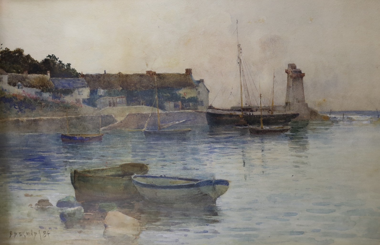 Benjamin David Sigmund (1857-1947), two watercolours, Cornish harbour scene and Waterside houses, signed and dated '84, 22 x 34cm and 21 x 13cm